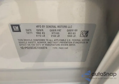 2012 Chevrolet Cruze 2Lt из США, поврежденный, VIN 1G1PG5SC8C7236074